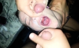 Slutty Amateur Girl Worships Two Cocks And Gets Facialized